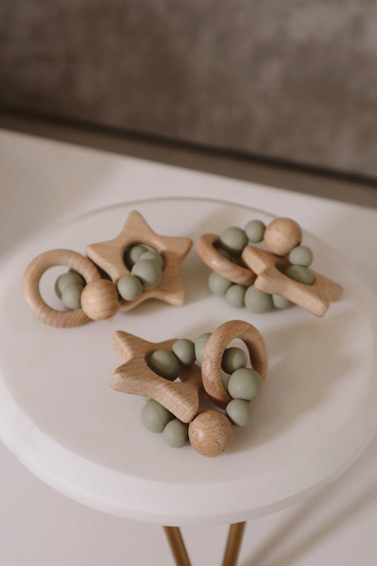 🌿 TwinkleTeethers™ – Natural Wooden Rattle & Teether Toys